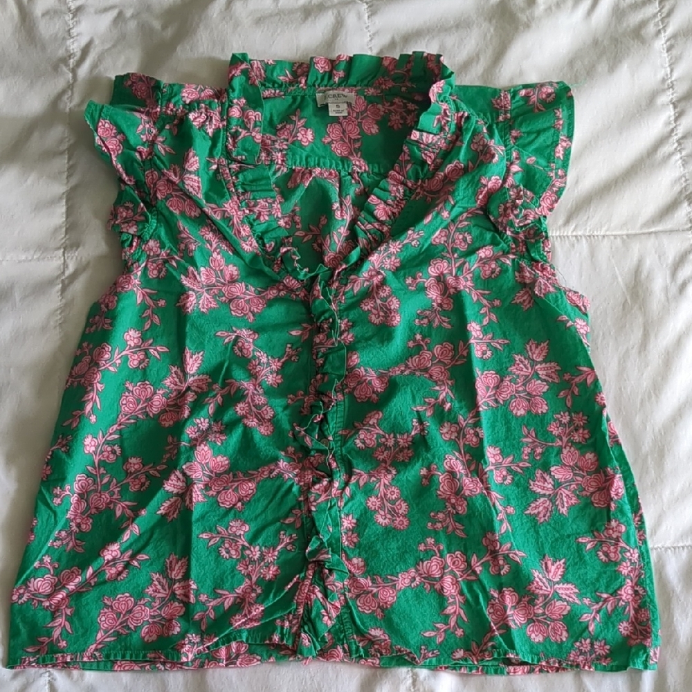 J. Crew Green and Pink Floral Ruffle Blouse